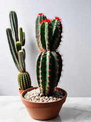 A pot of Notocactus, white background, with copy space, ultra detailed, perfect lighting.