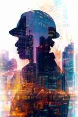 Obraz premium Engineer analyzing urban development close up, focus on, copy space, vibrant colors, Double exposure silhouette with skyscrapers and blueprints
