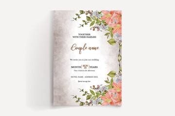 WEDDING INVITATION FRAME WITH FLOWER DECORATIONS AND FRESH LEAVES 