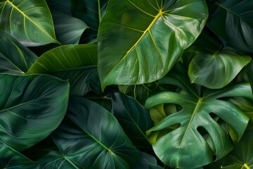 High-resolution image featuring an abundance of green tropical leaves with vibrant textures, creating a natural and calming background for various design purposes