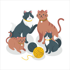 3d Bundle of adorable cats stretching itself, playing with ball of yarn, hiding in box or basket. Set of purebred pet animals isolated on white background. Flat cartoon vector illustration.
