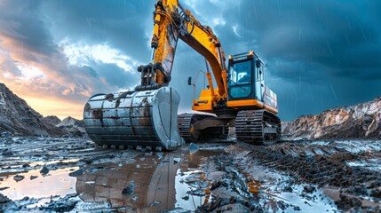 Heavy Machinery Operations: Depict the power and mining operation, showcasing bulldozers, cranes, and excavators. Emphasize the strength and capability of industrial equipment.