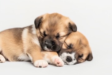 Two adorable puppies cuddle together in a peaceful nap, showcasing their innocence and the strong bond between canine siblings against a soft, neutral background