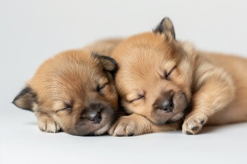 Two adorable puppies in peaceful slumber, showcasing their innocence with a close-up on their faces against a clean, white background - a portrait of pure, tranquil companionship
