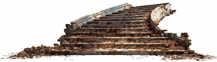 Grand staircase with collapsing steps, rusted coins scattered around, isolated on white background, copy space