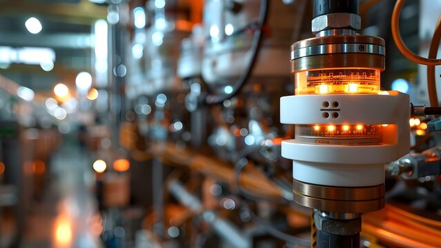 Closeup of sensor on factory floor collecting real-time data. Concept Sensor data, Factory operations, Real-time monitoring, Technology in manufacturing, Data collection