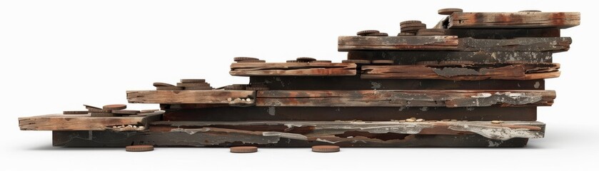 Wooden stairs with collapsing steps, rusted coins scattered around, isolated on white background, perspective view