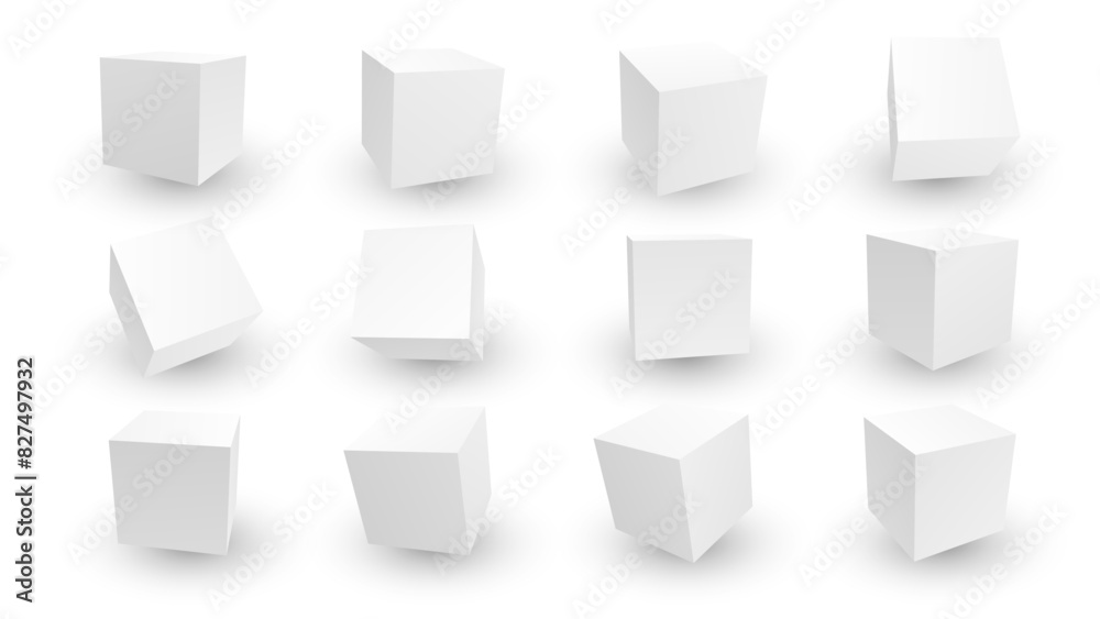 Poster 3d white cube blocks on white background. 3d perspective white boxes. vector illustration for your d