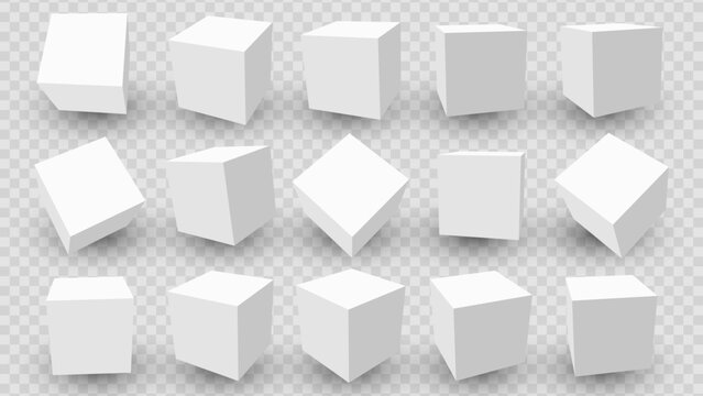 3D White Cube Blocks on Transparent Background. 3D Perspective White Boxes. Vector Illustration for Your Design.
