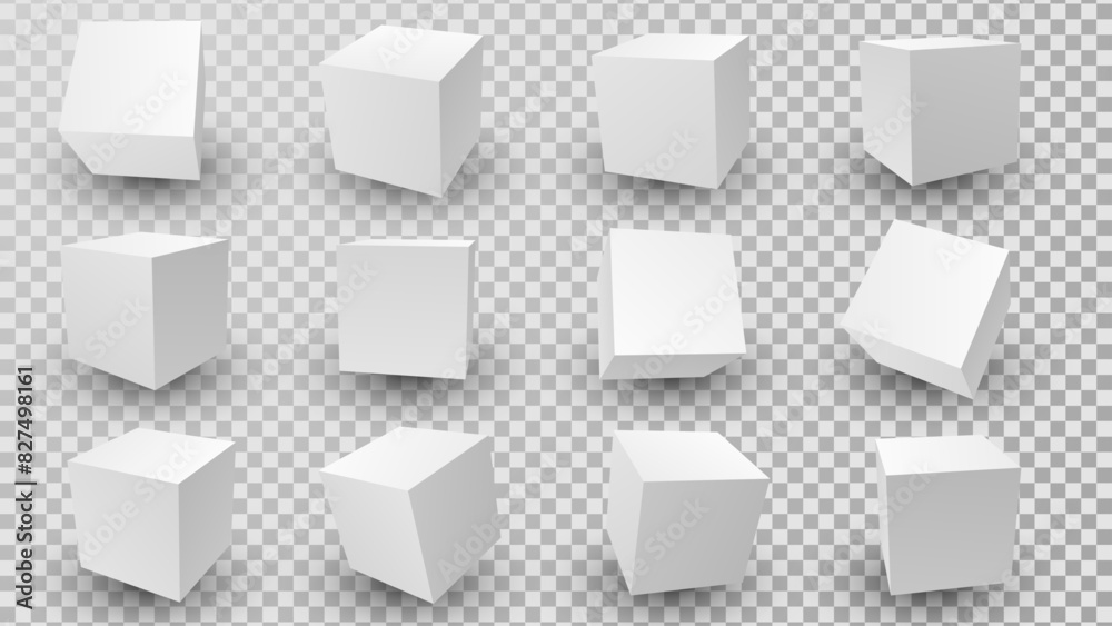 Poster 3D White Cube Blocks on Transparent Background. 3D Perspective White Boxes. Vector Illustration for Your Design.