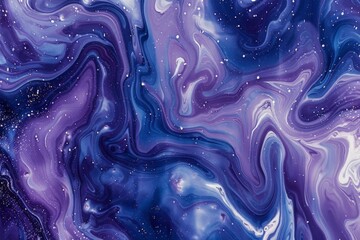 Abstract fluid art background depicting swirling marbled patterns in shades of deep blue, purple, and white, resembling a nebula or cosmic dust, with speckles suggesting distant stars