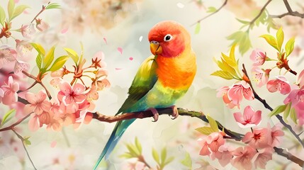 Colorful Lovebird Perched on Blooming Cherry Blossom Branch