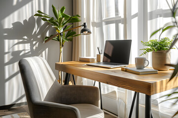 Modern Minimalist Desk Setup with Laptop, Notebook, Coffee Mug, and Potted Plant in Natural Light