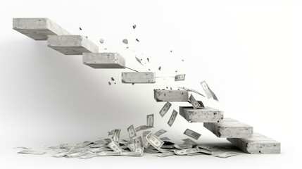 Minimalist concrete stairs with steps collapsing, torn banknotes falling down, isolated on white background, copy space