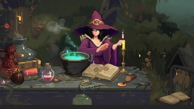An animation depicting a witch or wizard brewing a potion, with pixel art details of bubbling cauldrons, magical ingredients, and spellbooks.