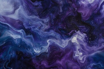 Abstract fluid art texture resembling a cosmic galaxy with swirling patterns of purple, blue, and white hues interspersed with specks resembling distant stars