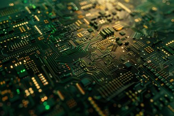 High-resolution image capturing the complex pathways of a circuit board with a deep focus, emphasizing the detailed electronic architecture and the essence of modern computing technology