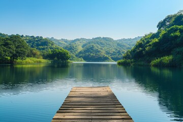 Tranquil, high-resolution image capturing a wooden pier extending into a placid lake surrounded by lush green hills under a clear blue sky