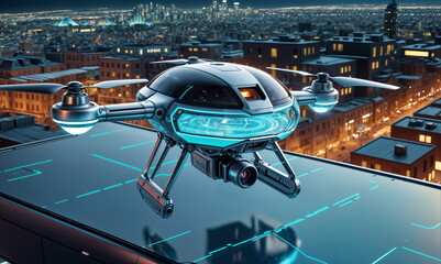 futuristic drone with glowing blue lights is flying over a city at night.