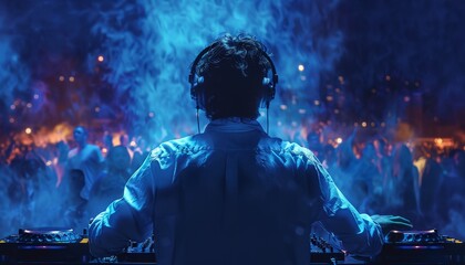Fototapeta premium A DJ is playing music at a club with a crowd of people dancing by AI generated image