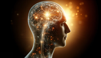 Illustration of human brains with glowing neural connections, representing thought processes and cognitive function.
