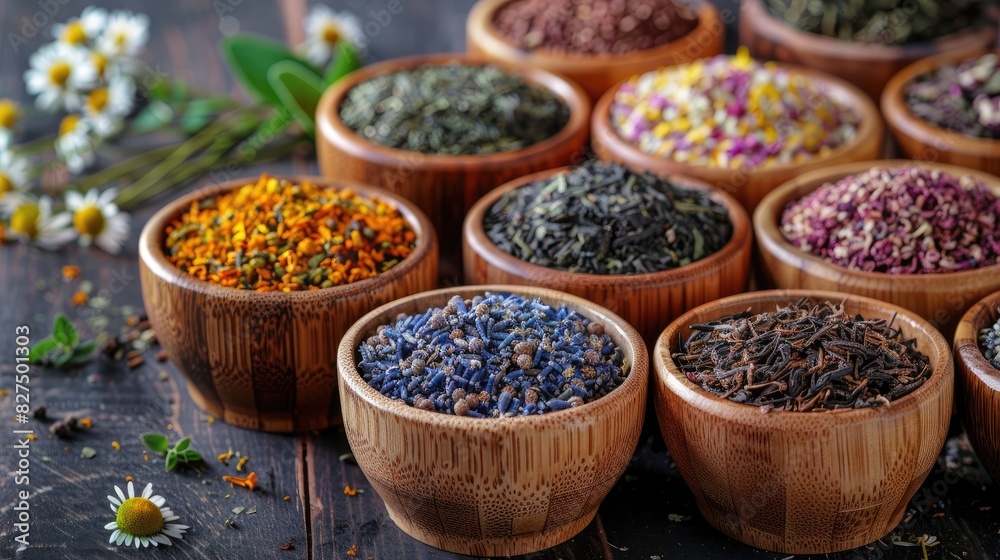 Wall mural assorted dried herbs and flowers. selective focus