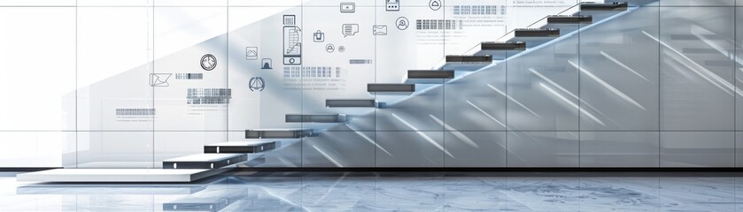 Obraz premium Futuristic metal staircase with ascending steps, gold coins on each step, isolated on white background, copy space