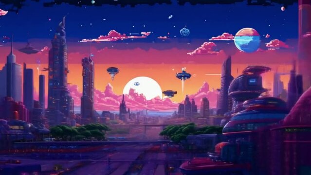 An animation depicting the growth of a space colony over time, from initial landing to a bustling metropolis, all in detailed pixel art