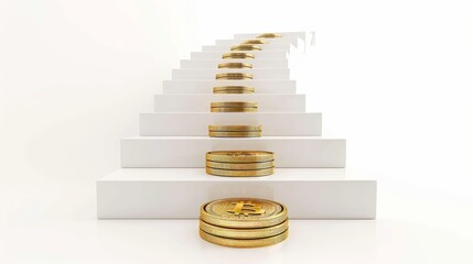 Obraz premium Luxurious staircase with each step rising, gold coins placed on each step, isolated on white background, copy space
