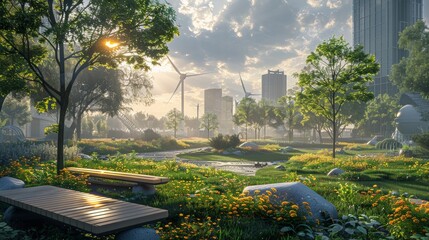 A futuristic urban park with solar-powered benches and wind turbines --ar 16:9 --seed 51216936...