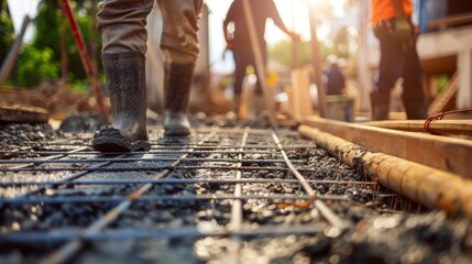 Naklejka premium Construction workers walking on a rebar grid during concrete pouring, emphasizing boots and wet concrete.