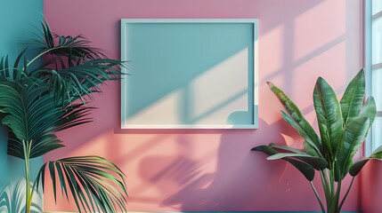 High Resolution Horizontal Landscape Frame Mockup on Pastel Wall for Modern Minimalist Art