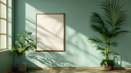 High Res Horizontal Landscape Frame Mockup on Pastel Wall, Modern Minimalist Art   Photo Realistic, Stock Concept