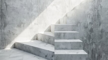 Minimalist concrete stairs with steps ascending, gold coins on each step, isolated on white background, copy space
