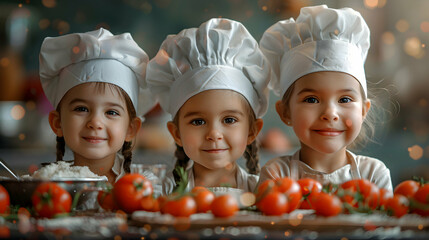 Fun and Educational Kids Cooking Class: Photo Realistic High Resolution Image with Glossy Backdrop Capturing Young Chefs  Culinary Adventure
