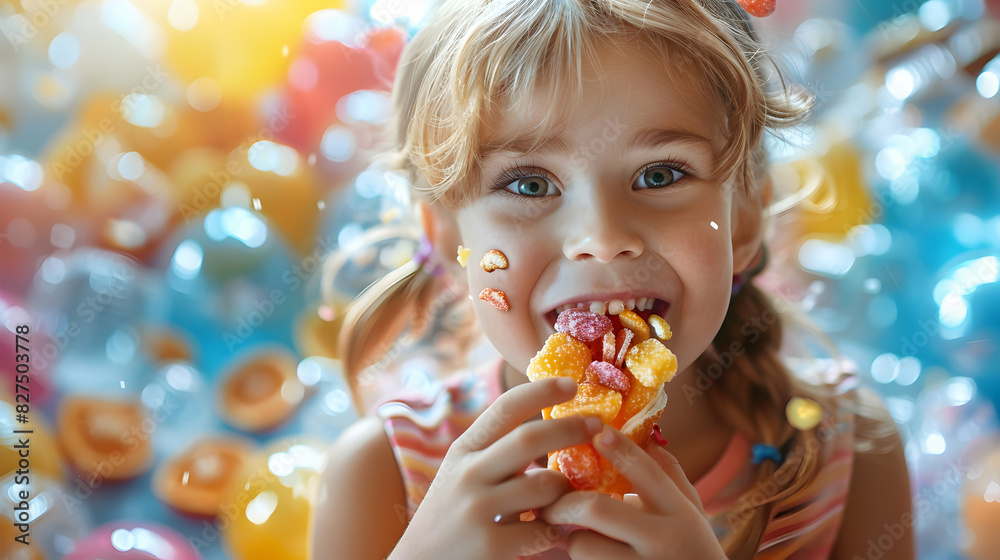 Wall mural Photo realistic kids enjoying healthy snacks with glossy backdrop, showcasing fun and nutritious snacking for children   High resolution image in Photo Stock Concept