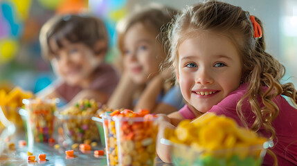 Photo realistic Kids enjoying healthy snacks with glossy backdrop highlighting fun and delicious nutritious snacking for children