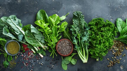 Fresh produce leafy greens and vitamin rich seeds on a dark surface Overhead perspective Horizontal composition - Powered by Adobe