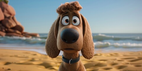 Cute animated dog on sandy beach with ocean waves and rock formations in the background, looking surprised on a sunny day