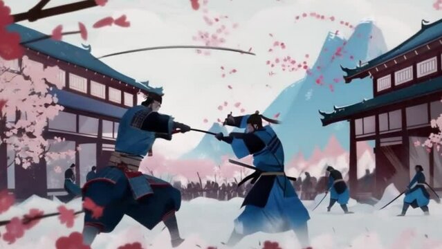  An animation illustrating a dramatic duel between two samurai warriors in feudal Japan, complete with cherry blossoms and traditional attire.