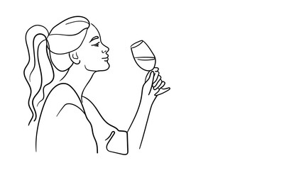 Girl holding glasses with alcohol in her hand line art drawing, isolated on white background. Woman drink and ejoing wine. Vector illustration	