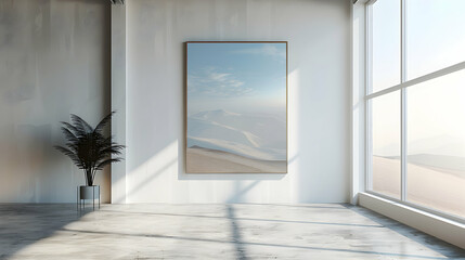 High Resolution Minimalist Landscape Frame Mockup on White Wall for Artwork or Photography   Photo Realistic Design Ideal for Showcasing Creative Concepts