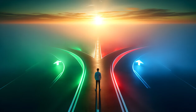 A person stands at a three-way fork in the road at dusk, with each path illuminated by a different colored light: red, green, and blue. The paths extend into a misty, surreal landscape