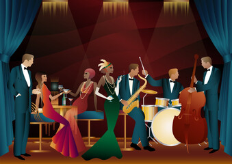 Jazz musicians in a restaurant, cafe or bar. Double bass, saxophone, drum. Musicians play musical instruments