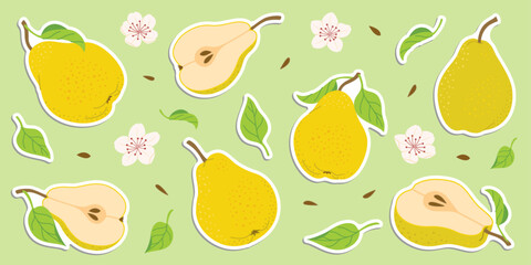 Hand drawn colorful pear stickers set, whole and cut fruit, flowers, leaves. Trendy flat style stickers for labels, posters, web. Ripe juicy pears. Vegetarian organic food. Vector illustration