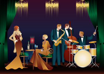 Jazz musicians in a restaurant, cafe or bar. Double bass, saxophone, drum. Musicians play musical instruments