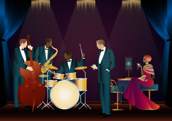 Fototapeta premium Jazz musicians in a restaurant, cafe or bar. Double bass, saxophone, drum. Musicians play musical instruments