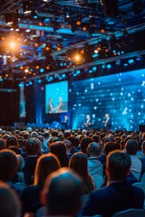 A large audience attentively watching a speaker on stage with blue lighting at a professional conference or corporate event.