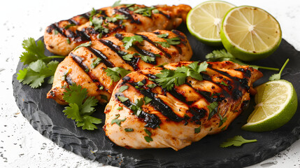 Homemade grilled chipotle chicken breast with cilantro and lime closeup on a slate plate on the...