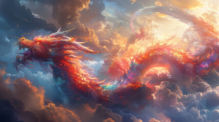 Fototapeta premium Colorful painting flying dragon in the sky background